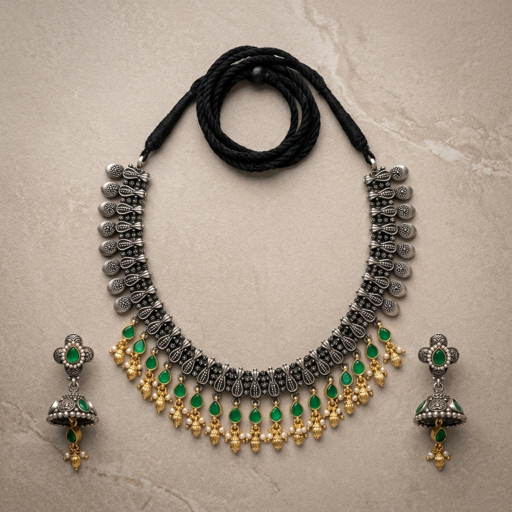 German Silver Oxidized Green Stone Necklace Set for Women | Lady Zone
