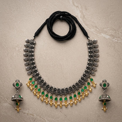 German Silver Oxidized Green Stone Necklace Set for Women | Lady Zone