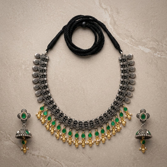 German Silver Oxidized Green Stone Necklace Set for Women | Lady Zone