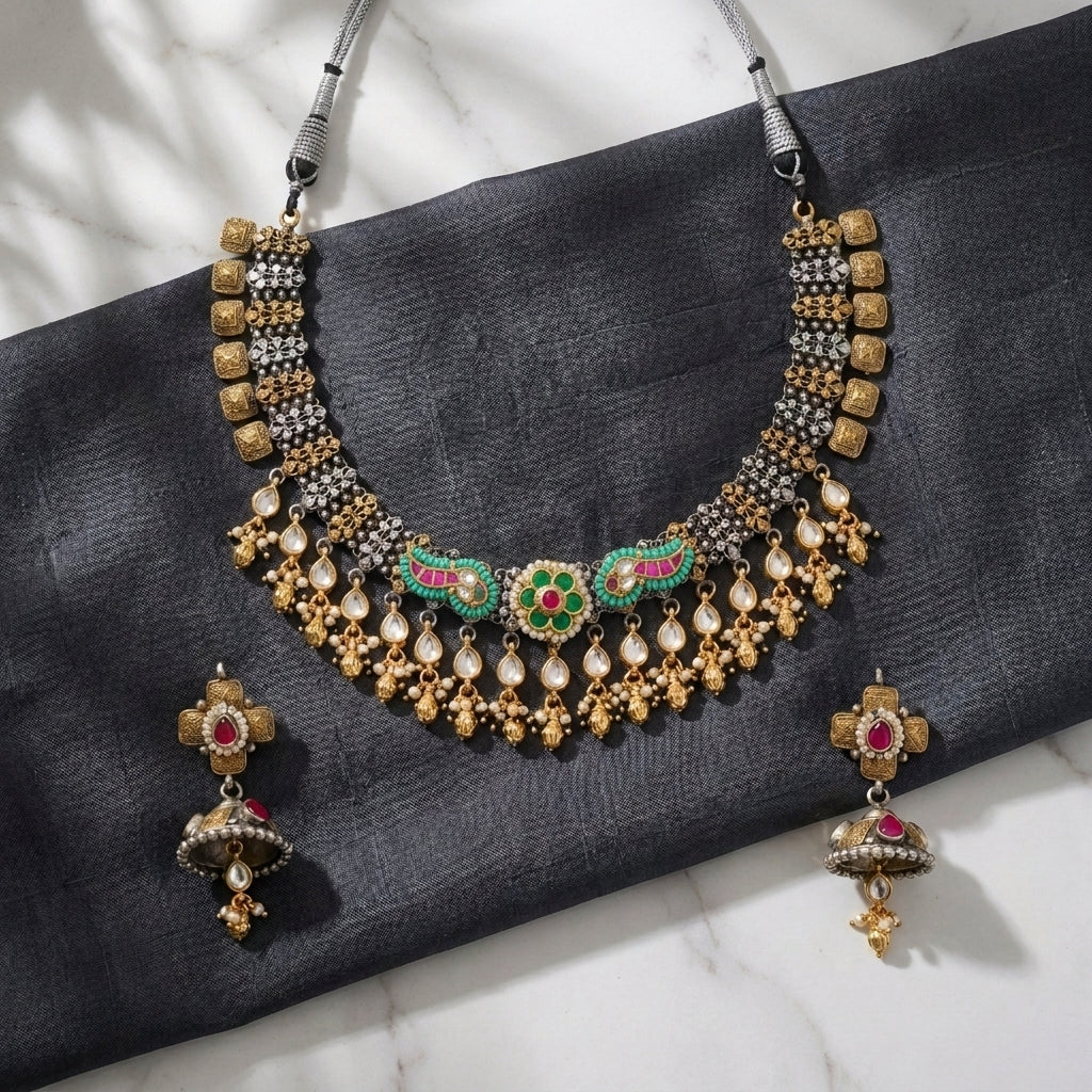 German Silver Oxidized Kundan Choker Necklace Set for Women | Lady Zone