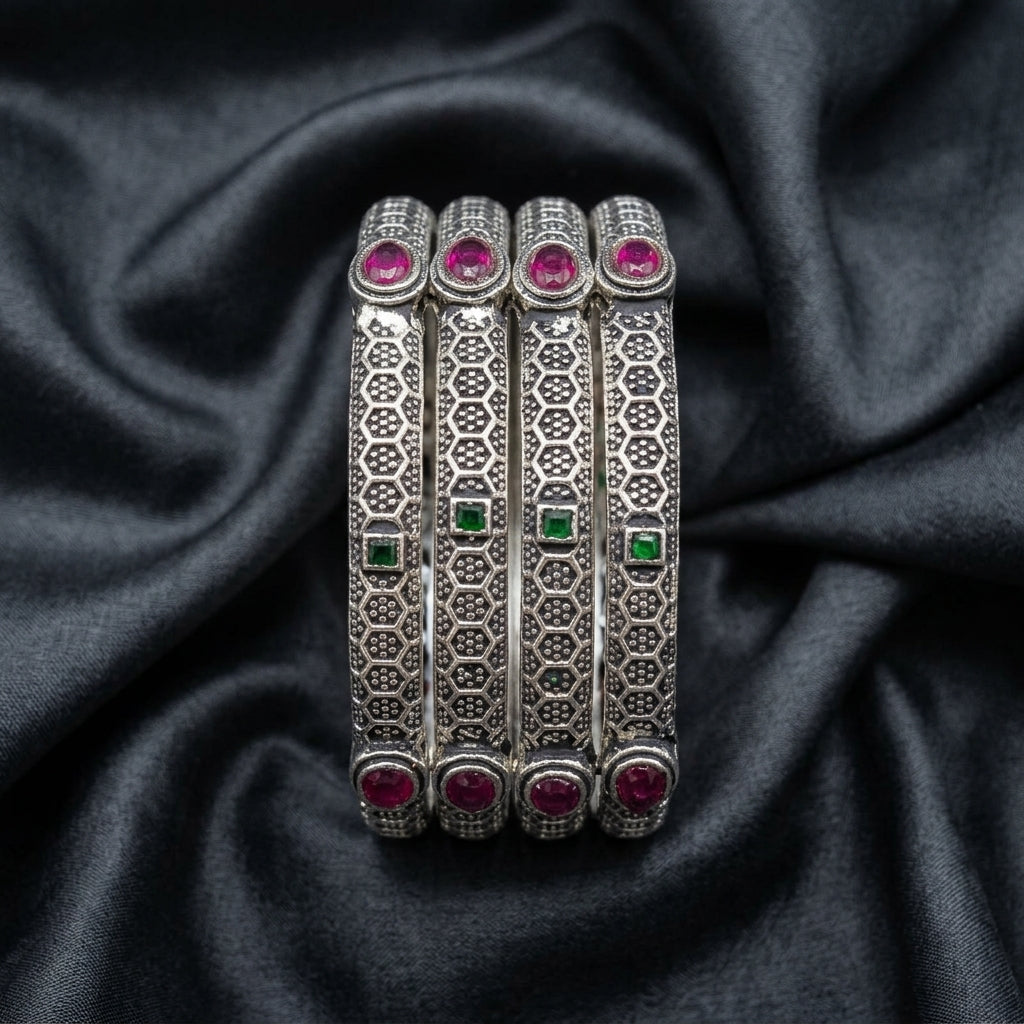 4 PC Oxidized Geometric Stone Bangle Set | Lady Zone
