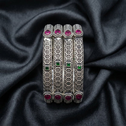 4 PC Oxidized Geometric Stone Bangle Set | Lady Zone