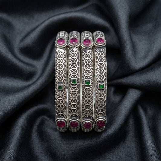 4 PC Oxidized Geometric Stone Bangle Set | Lady Zone
