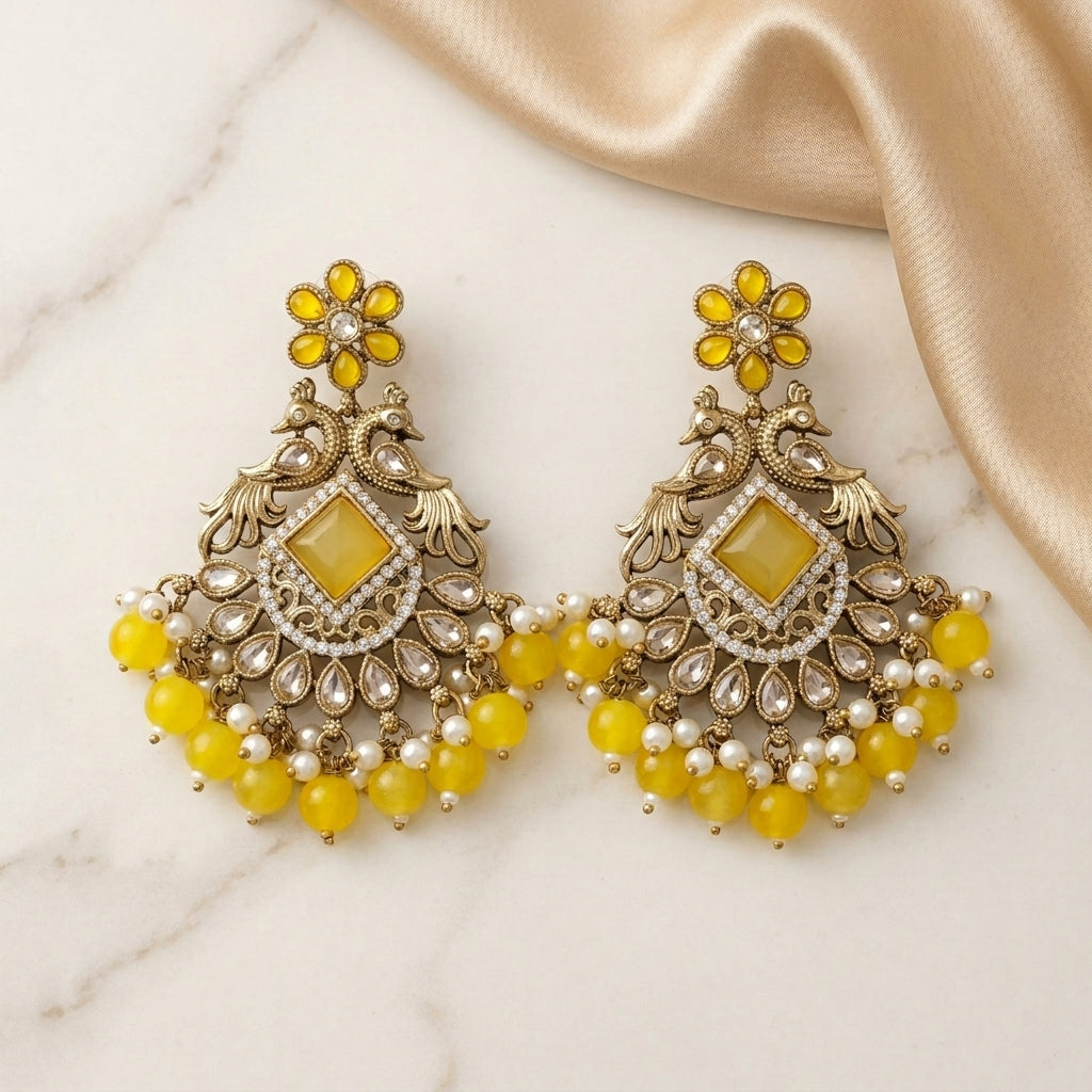 Royal Antique Kundan Peacock Chandelier Earrings