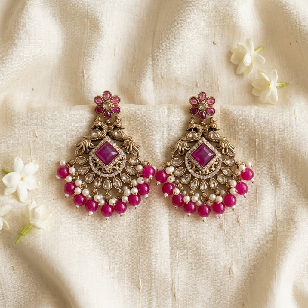 Royal Antique Kundan Peacock Chandelier Earrings