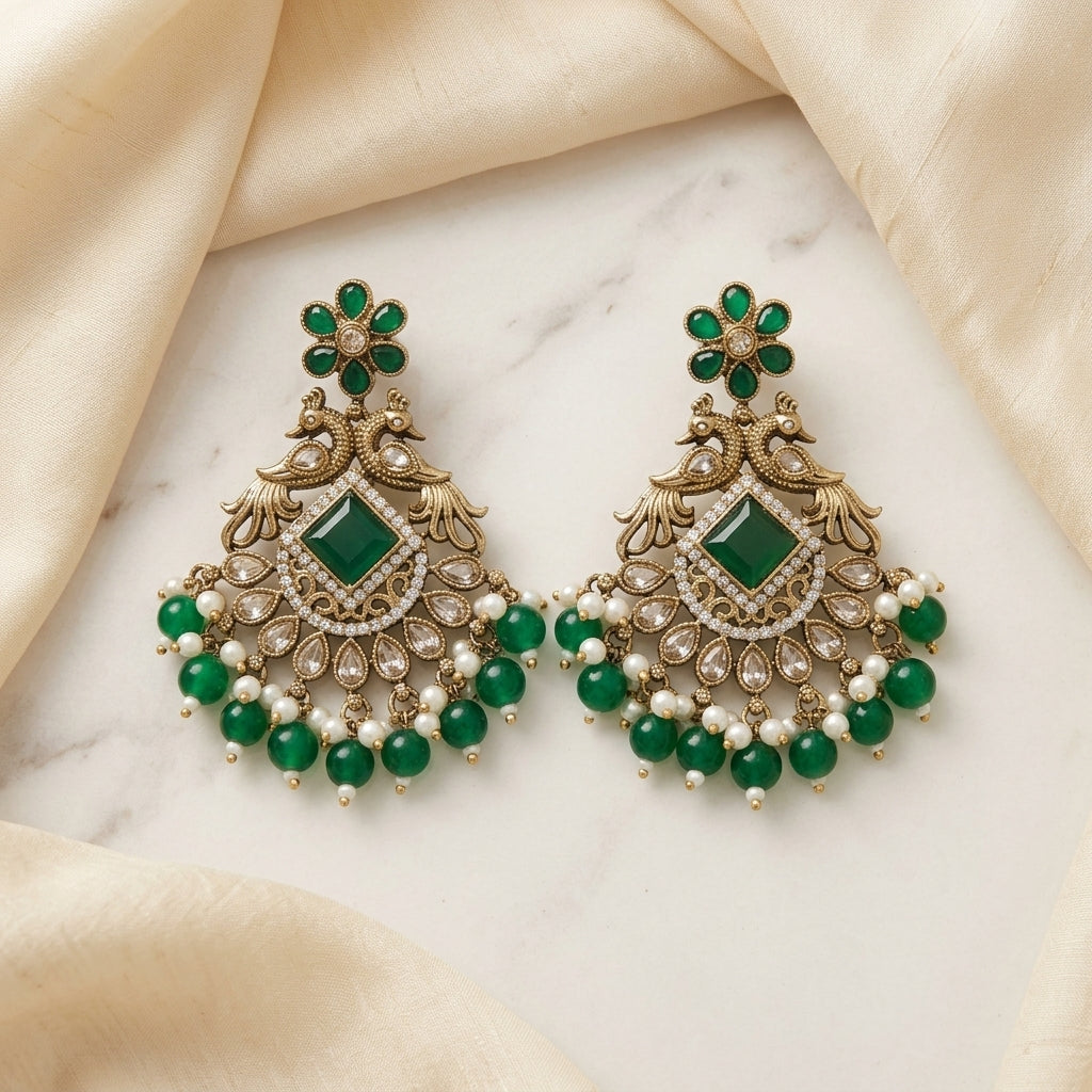 Royal Antique Kundan Peacock Chandelier Earrings