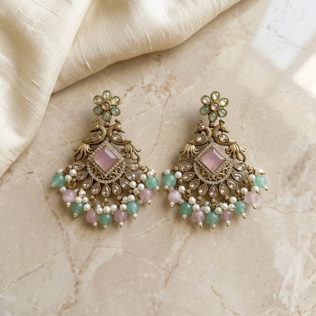 Royal Antique Kundan Peacock Chandelier Earrings