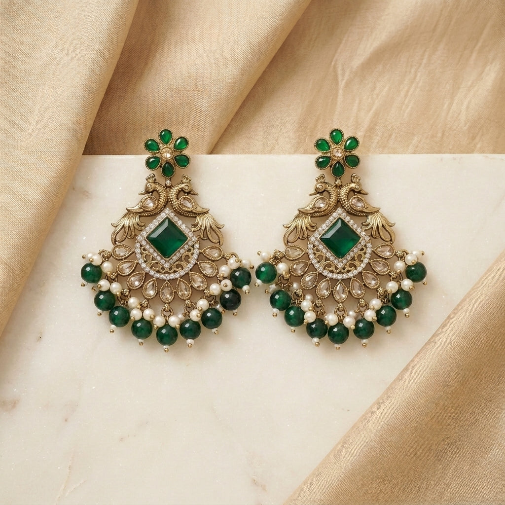 Royal Antique Kundan Peacock Chandelier Earrings