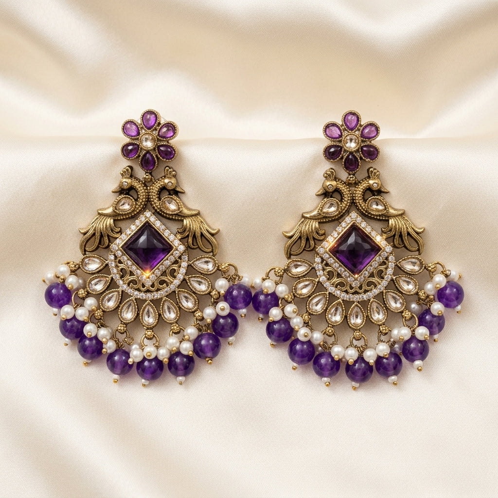 Royal Antique Kundan Peacock Chandelier Earrings
