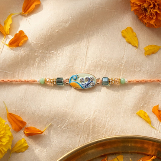 3PC Handcrafted Enamel Peacock Rakhi with Beaded Thread