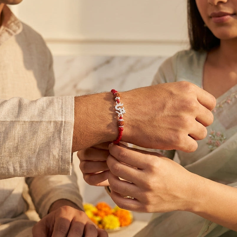Premium Stone-Studded Om and Rudraksha Rakhi