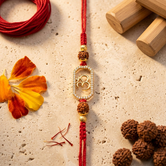 Premium Stone-Framed Gold Om and Rudraksha Rakhi