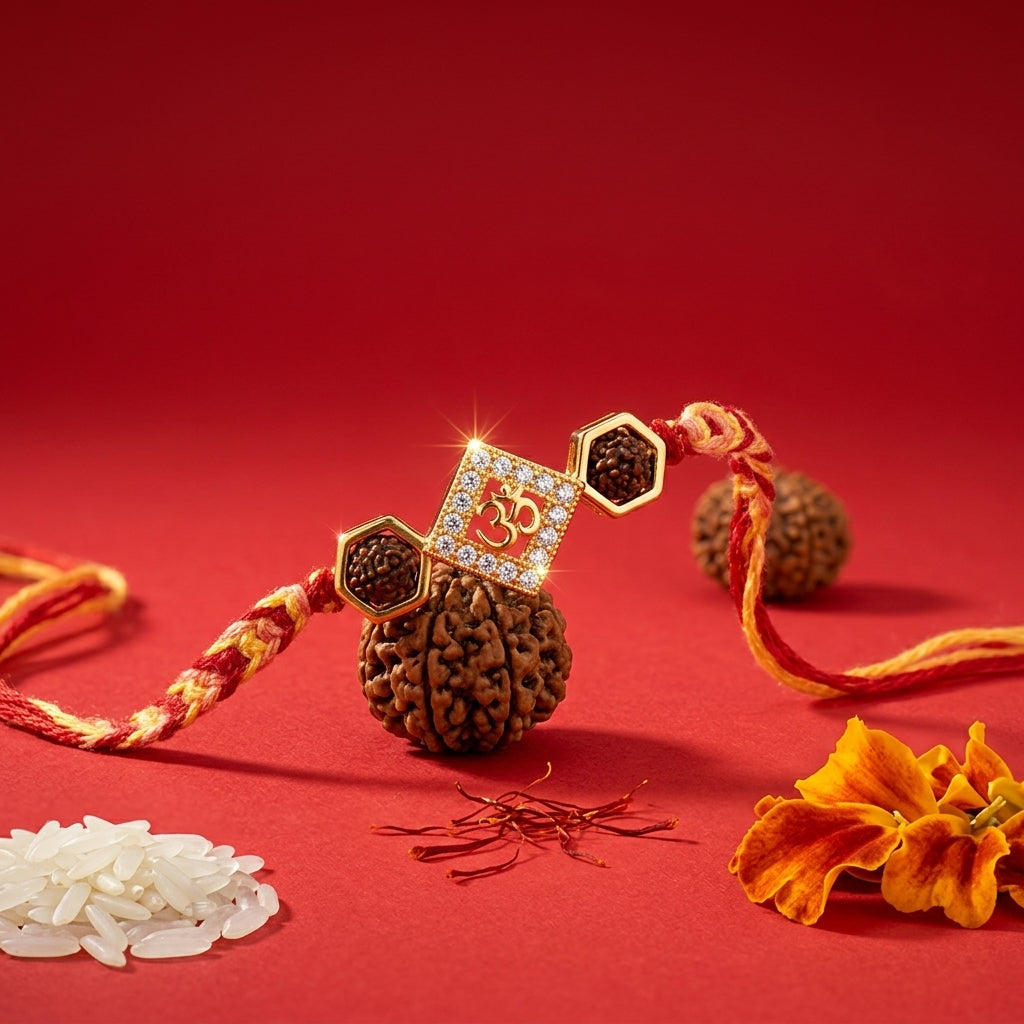 Premium Geometric Gold Om and Rudraksha Rakhi