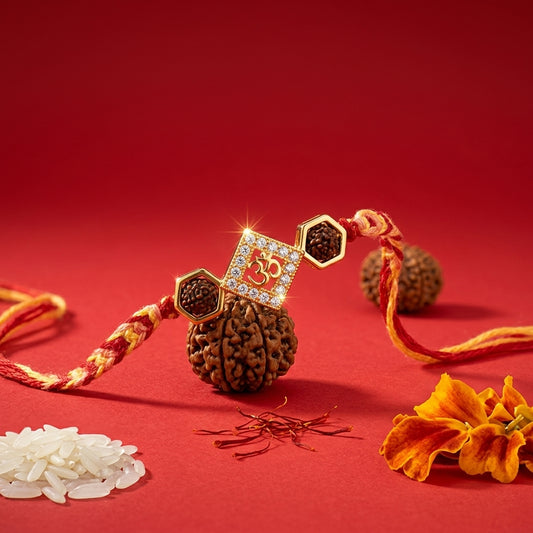 Premium Geometric Gold Om and Rudraksha Rakhi