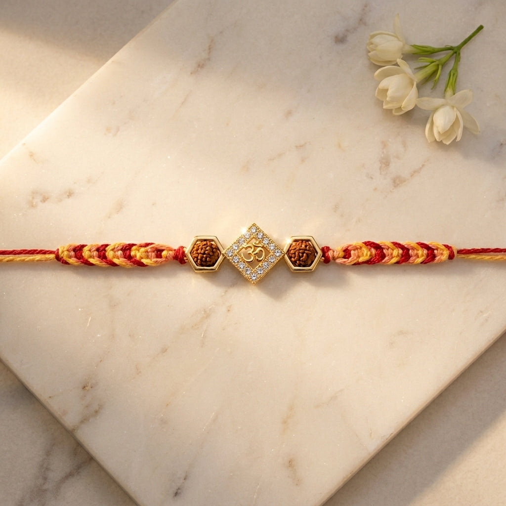 Premium Geometric Gold Om and Rudraksha Rakhi