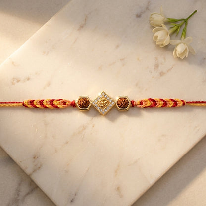 Premium Geometric Gold Om and Rudraksha Rakhi