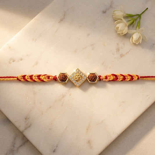 Premium Geometric Gold Om and Rudraksha Rakhi