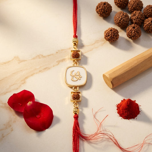 Square Frame Gold Om Enamel and Rudraksha Rakhi