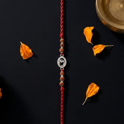 Premium Sparkling Silver Om and Rudraksha Rakhi