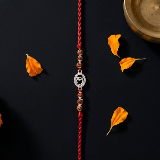 Premium Sparkling Silver Om and Rudraksha Rakhi