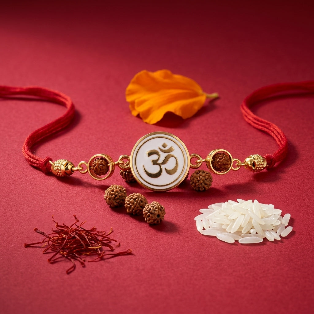 Divine Gold Om Enamel and Rudraksha Rakhi