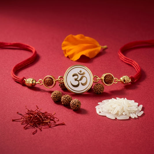 Divine Gold Om Enamel and Rudraksha Rakhi