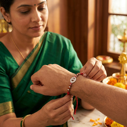 Premium Sparkling Silver Om and Rudraksha Rakhi