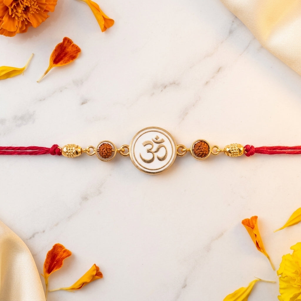 Divine Gold Om Enamel and Rudraksha Rakhi