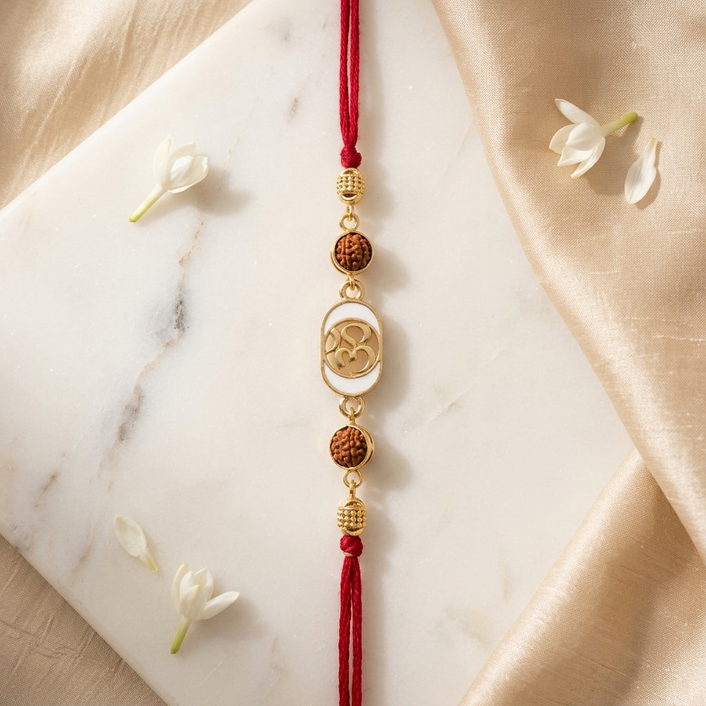 Divine Gold Om Enamel and Rudraksha Rakhi