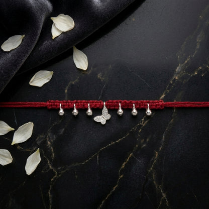 Elegant Silver Butterfly Charm Rakhi on Red Macrame Thread