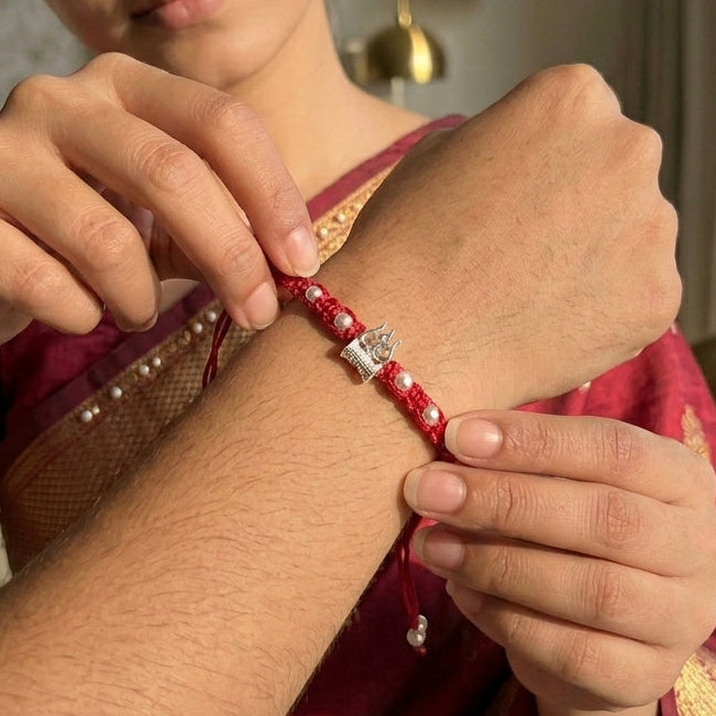 2 PCTraditional Trishul and Damru Macrame Rakhi