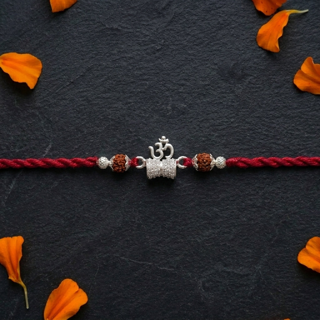Sacred Silver Om and Sparkling Damru Rudraksha Rakhi