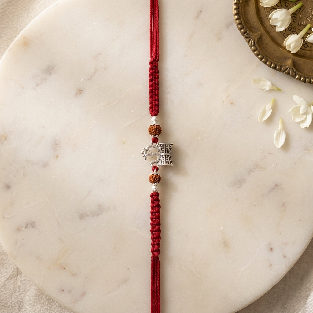 Sacred Silver Om and Damru Rudraksha Rakhi