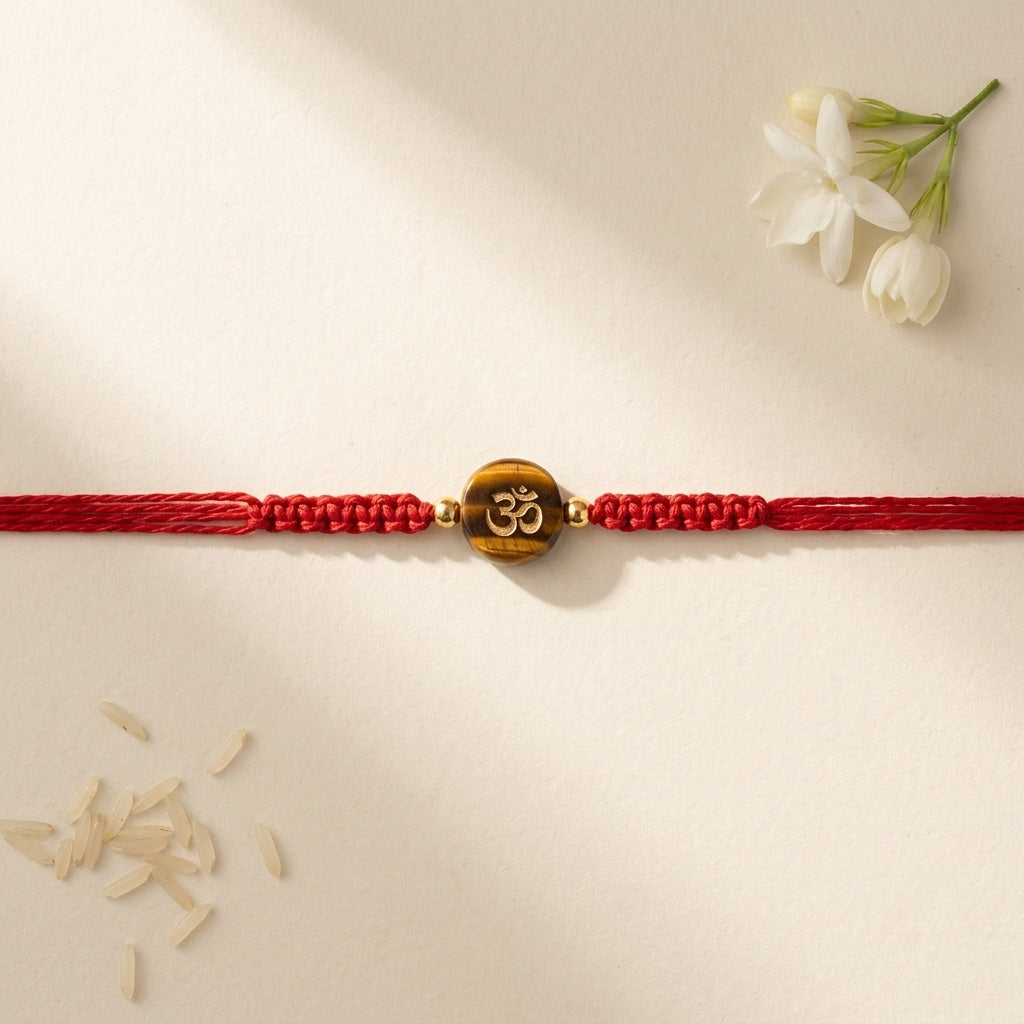 Spiritual Engraved Om Tiger Eye Stone Rakhi