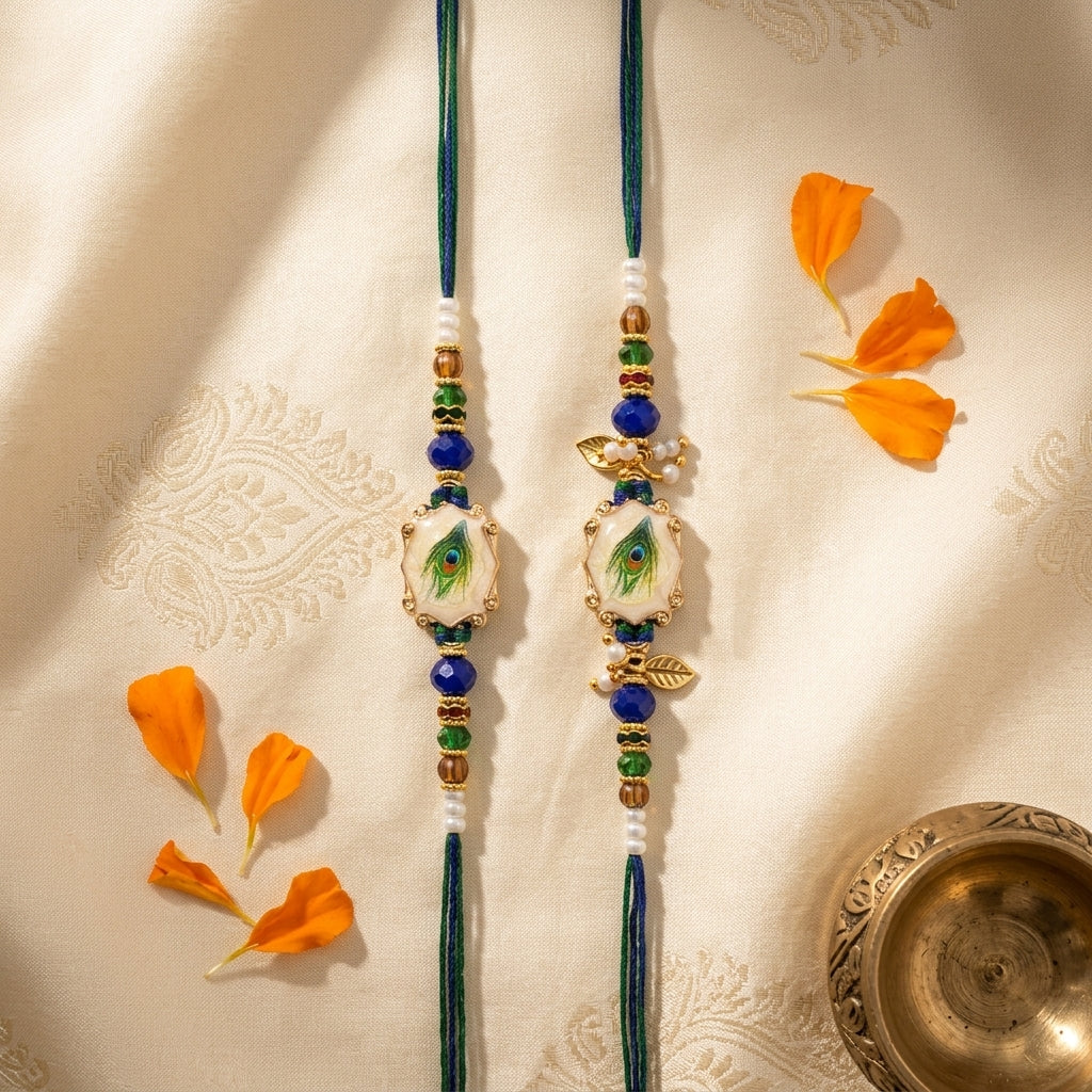 Divine Mor Pankh Enamel Bhai Bhabhi Rakhi Set