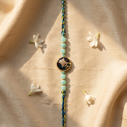 Celestial Starry Night Motif Rakhi with Mint Green Beads