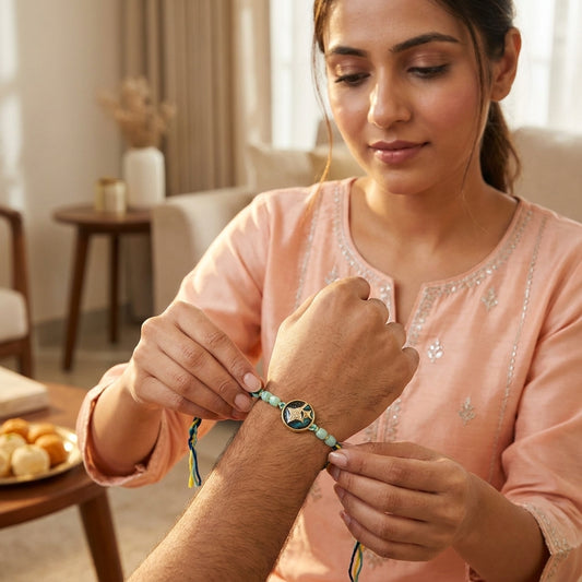 Celestial Starry Night Motif Rakhi with Mint Green Beads
