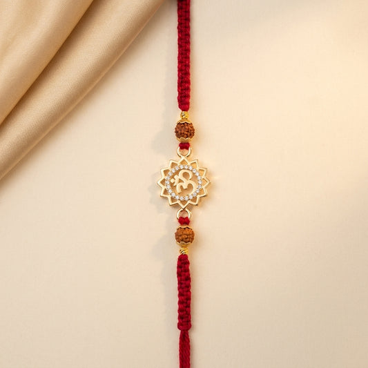 Premium Gold Sunburst Om and Rudraksha Rakhi