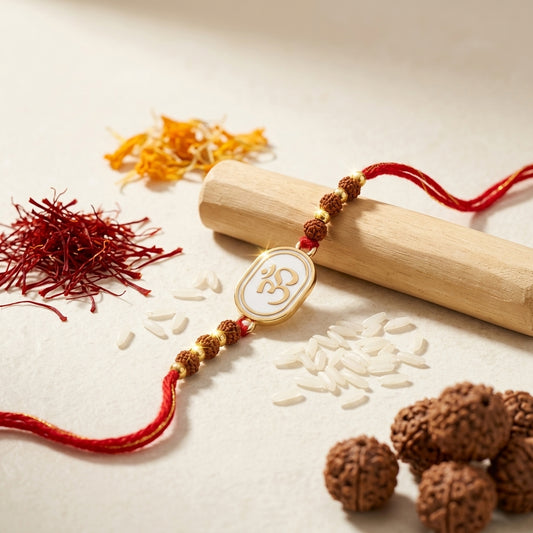 Divine Oval Gold Om Enamel and Rudraksha Rakhi