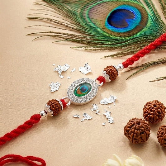 Peacock Feather Silver-Tone Rudraksha Rakhi