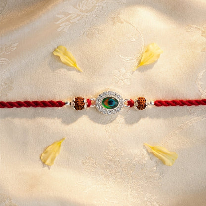 Peacock Feather Silver-Tone Rudraksha Rakhi