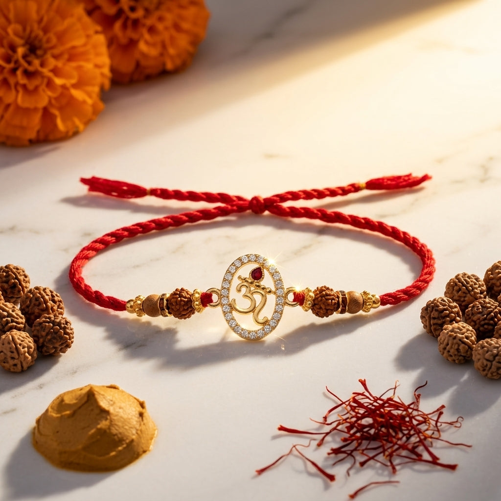 Om and Flute Stone-Studded Rudraksha Rakhi