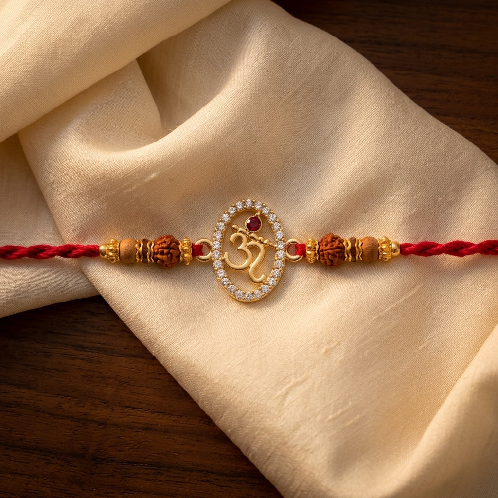 Om and Flute Stone-Studded Rudraksha Rakhi