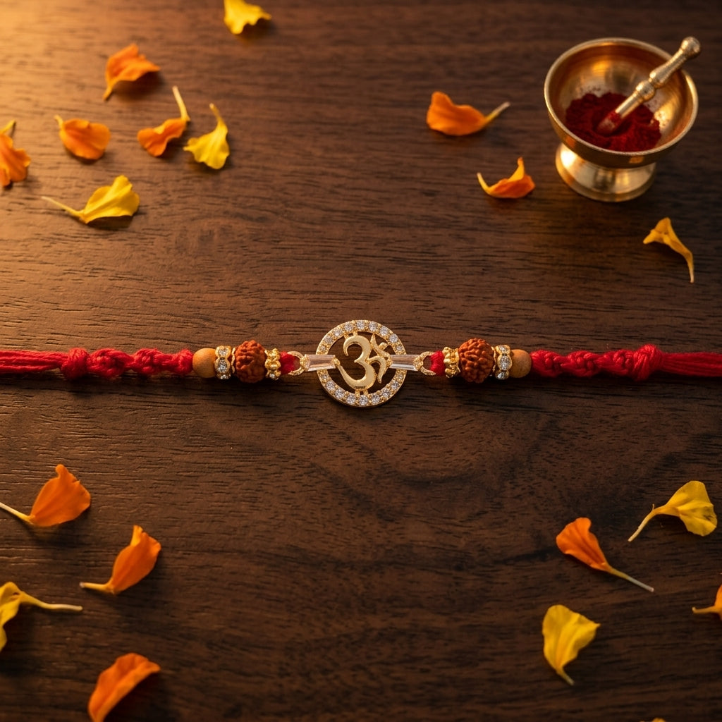 Circular Om Stone-Studded Rudraksha Rakhi