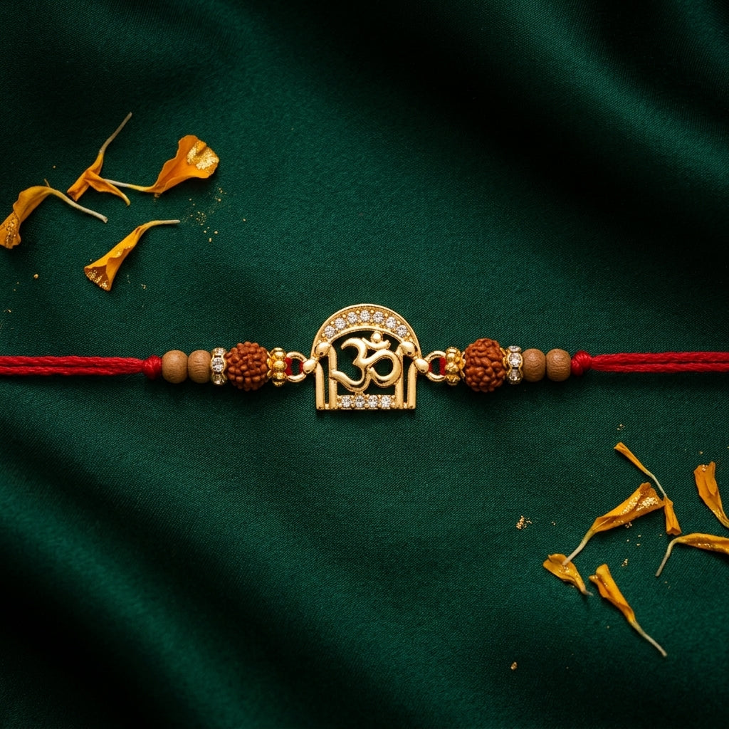 Arched Om Stone-Studded Rudraksha Rakhi