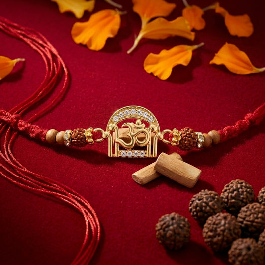 Arched Om Stone-Studded Rudraksha Rakhi