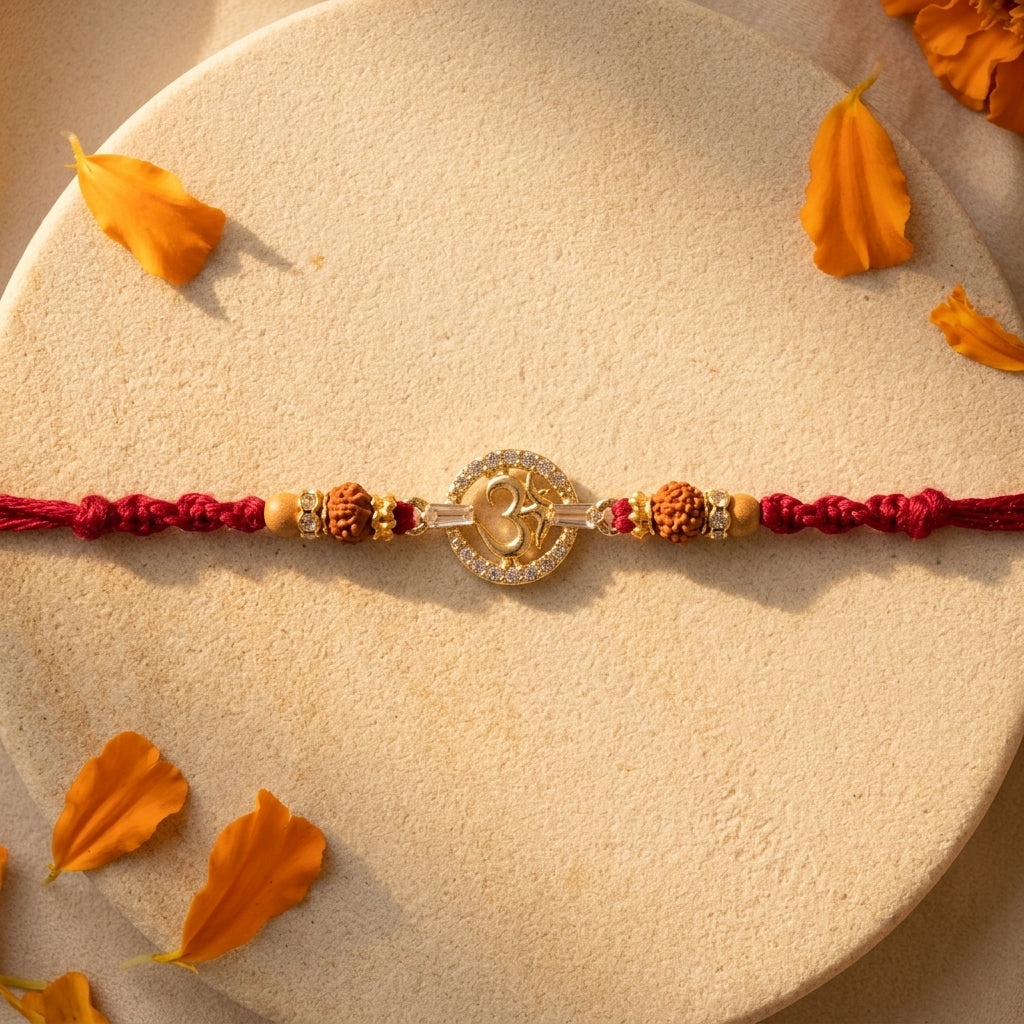 Circular Om Stone-Studded Rudraksha Rakhi