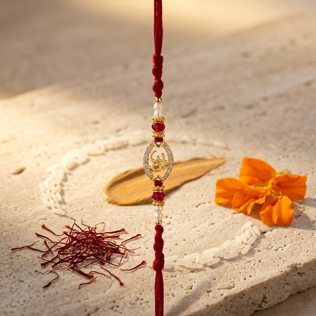 Oval Stone-Studded Gold-Tone Om Rakhi