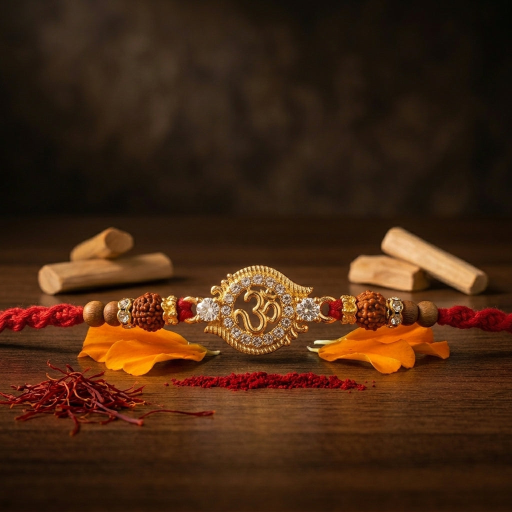Ornate Om Stone-Studded Rudraksha Rakhi