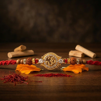 Ornate Om Stone-Studded Rudraksha Rakhi